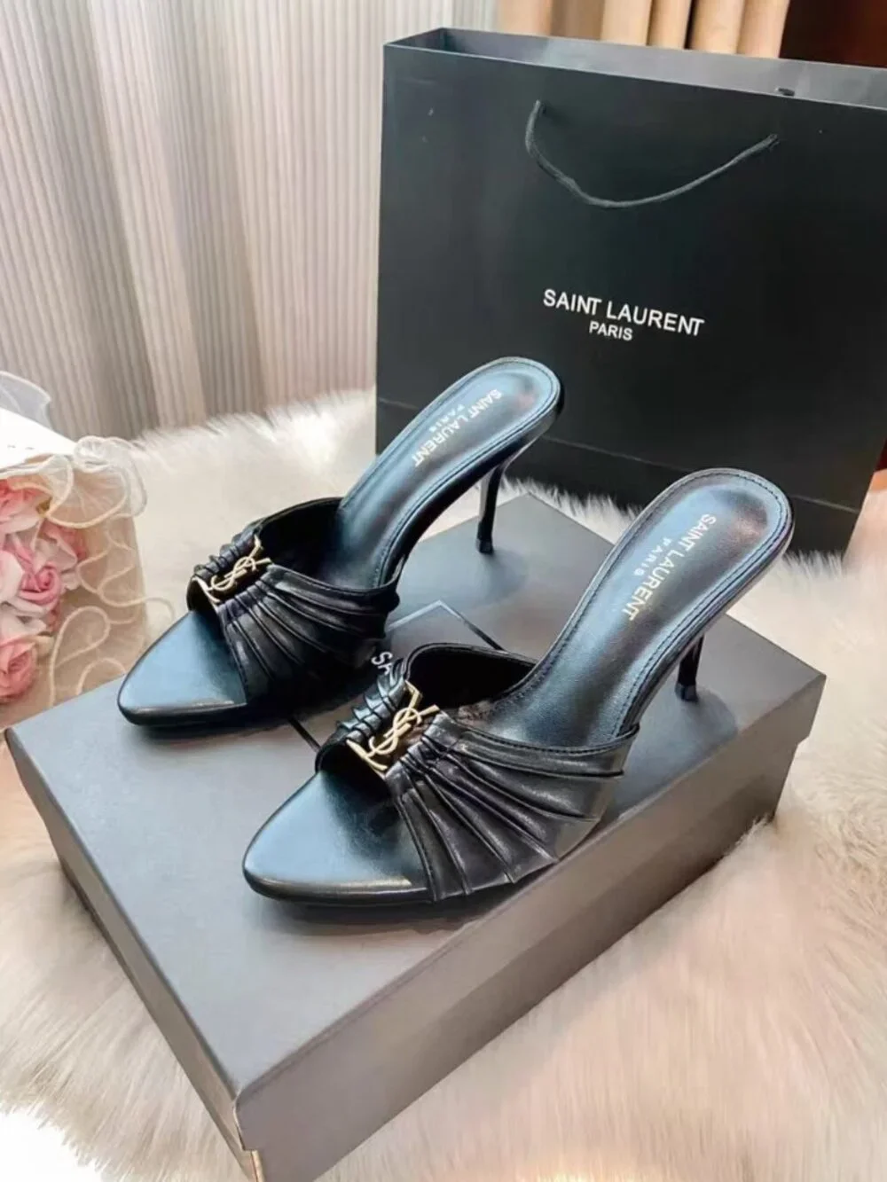 Saint Laurent YSL Black Ruched Leather Stiletto Mule Slides